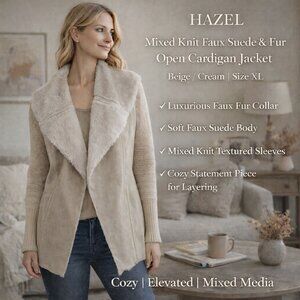 Hazel Cardigan Faux Fur/Suede Sweater Size XL Mixed Knit Draped Collar Cozycore